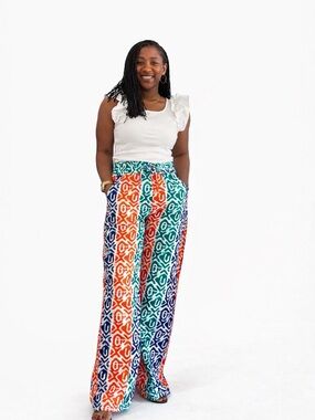 Wide-Leg African Print (ankara) Pants - Multicolor - blue, green and orange